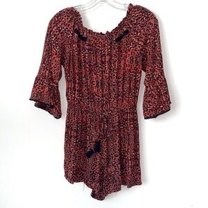 Angie Boho Leopard Romper Womens‎ Large Bell Sleeve Red Multi Festival Summer